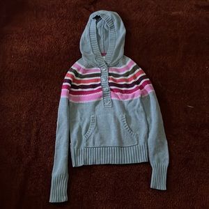 Girls, gray pink brown sweater with hoodie long sleeves.